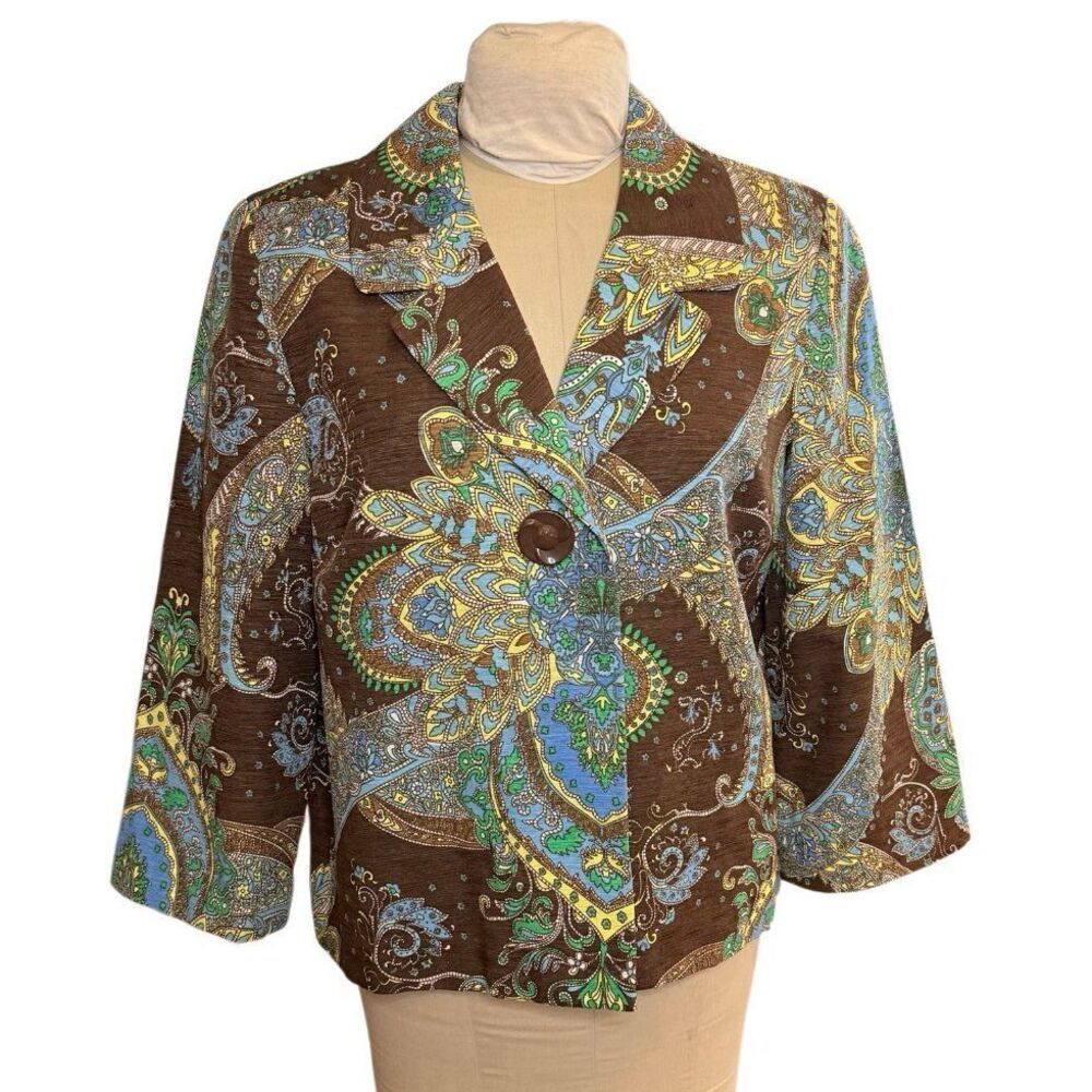 Silkland Women’s Single-Button Paisley Blazer Jacket XL 100% Silk Boho Packable